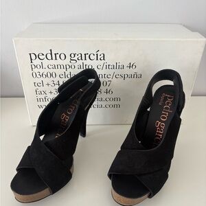 Pedro Garcia Chiara Black Suede Slingback Sandals Heels Size 37.5 US 7/7.5